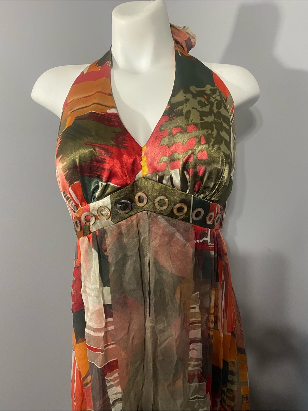 Dress Barn One-Shoulder Maxi Dress in Olive Green & Red